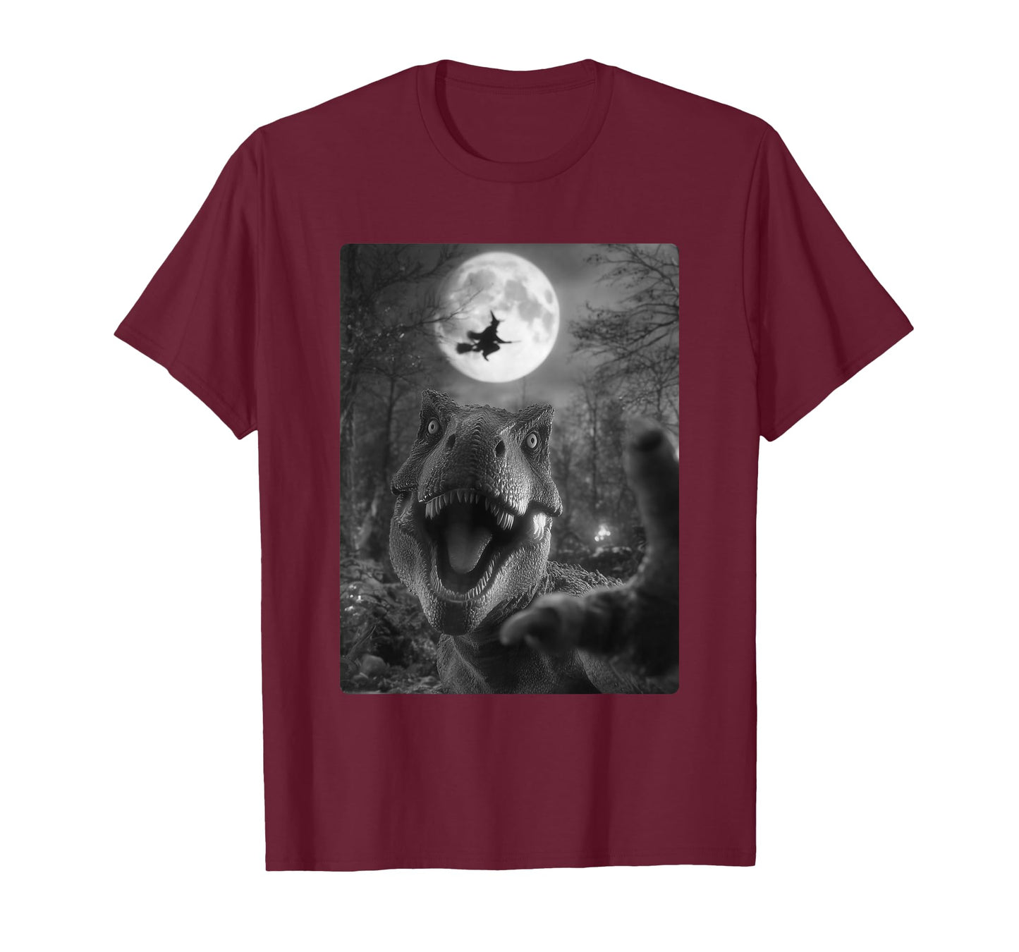 Funny T-rex Selfie Full Moon Flying Witch Dinosaur Halloween T-Shirt