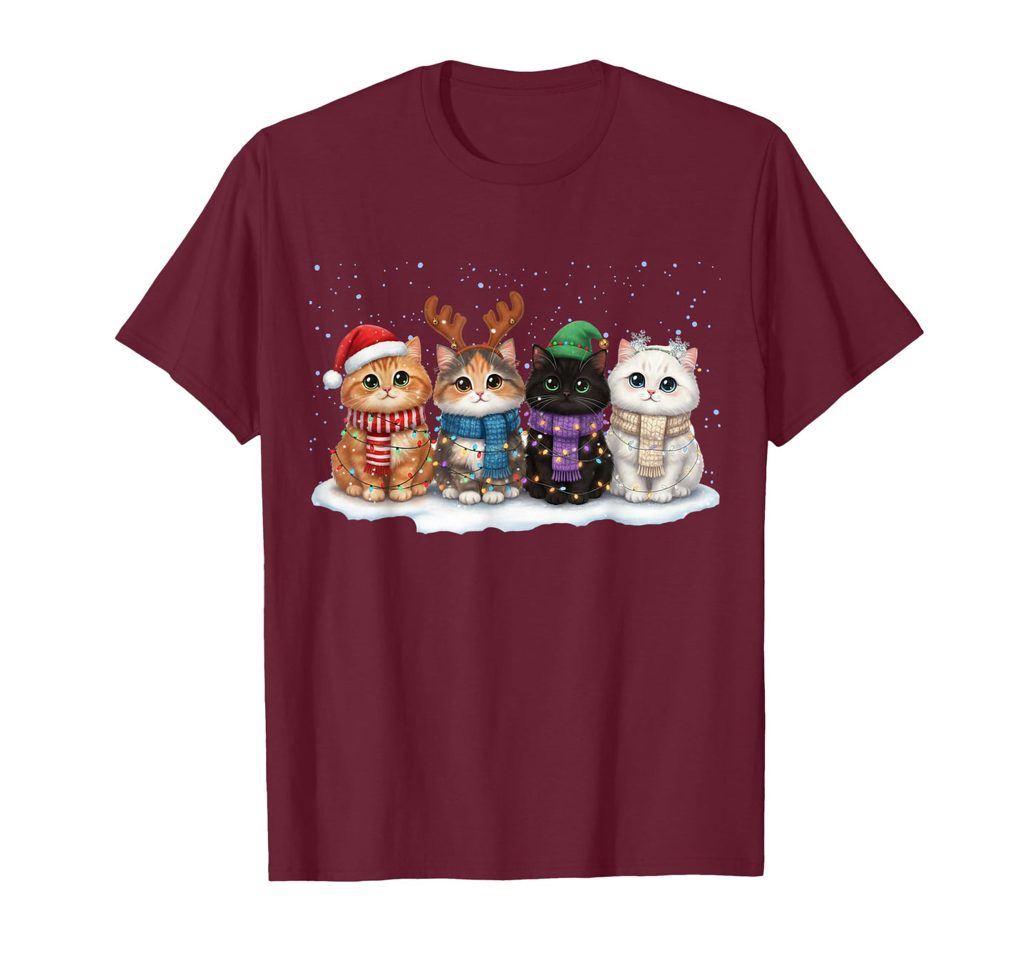 Merry Christmas Cat Light Reindeer Santa Kitten Lover T-Shirt