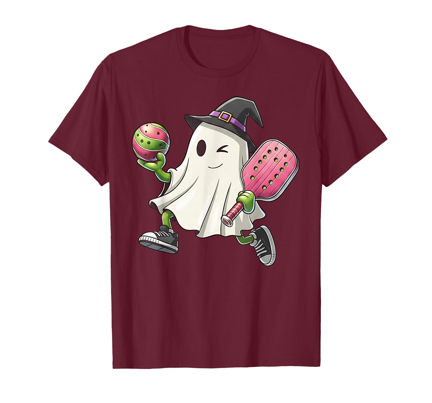Pickleball Lover Pun with a Pickle Playing Ghost Halloween T-Shirt
