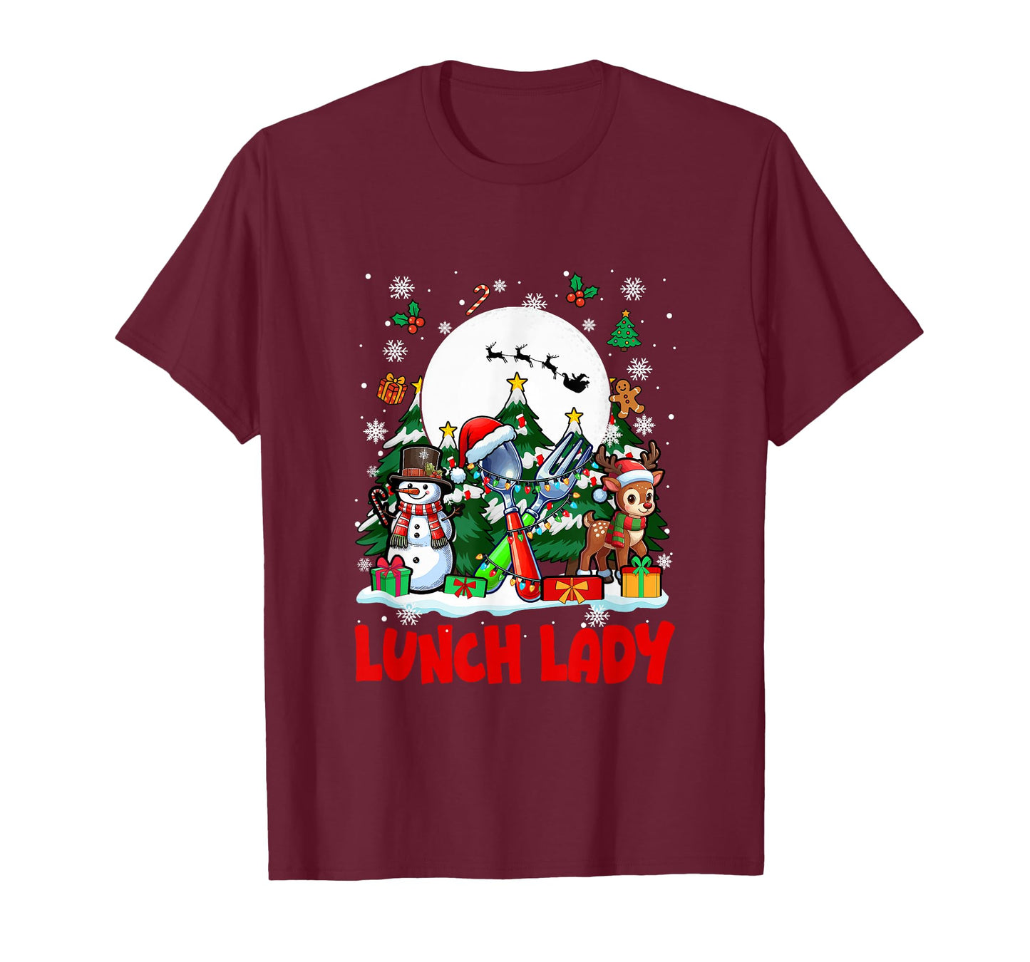 Lunch Lady Job Tools Santa Snowmen Reindeer Christmas Trees T-Shirt