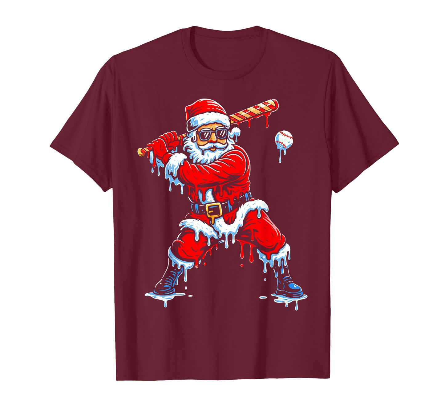 Santa Playing Baseball Ice Cream Drip Christmas Sports Boys T-Shirt