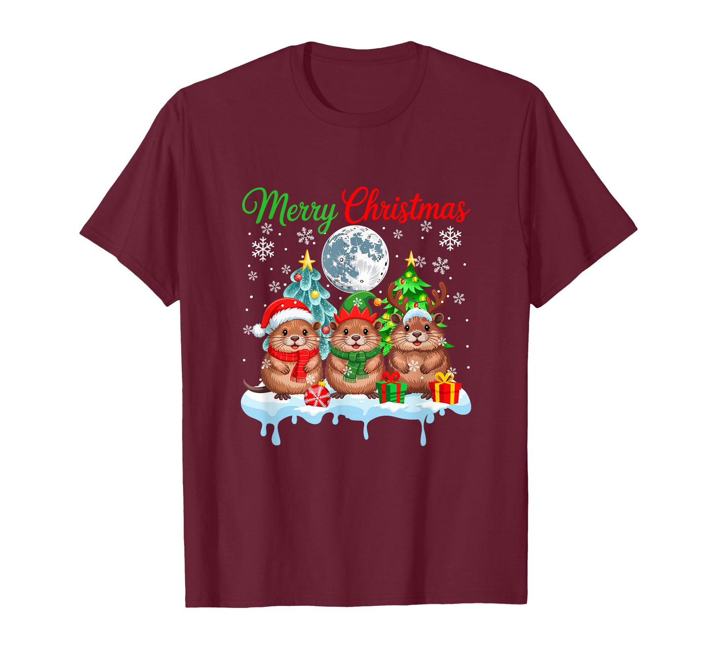 Merry Christmas Three Santa Elf Reindeer Muskrats Rodent T-Shirt