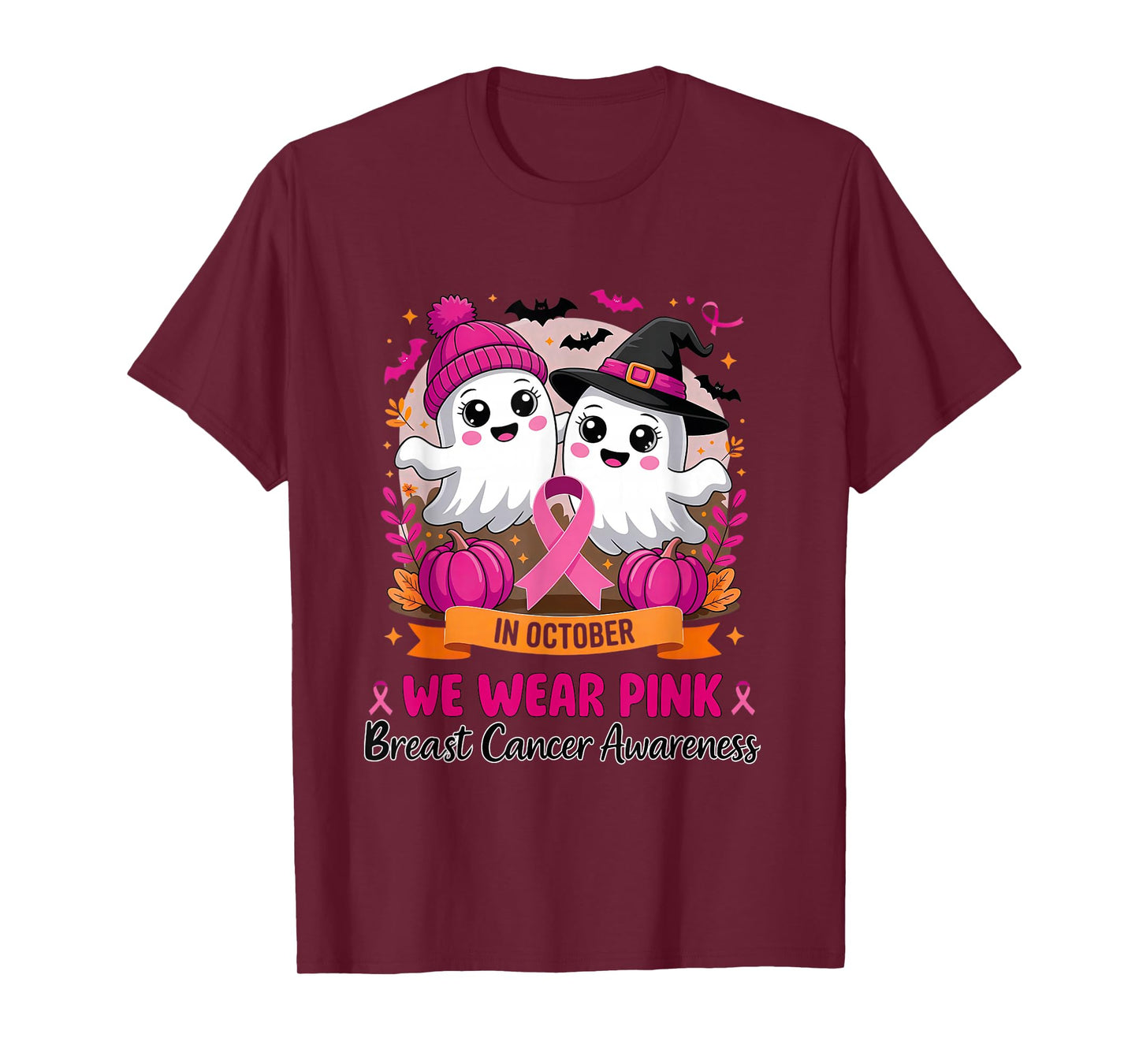 in October We Wear Pink Ghost Witch Breast Cancer Awareness T-Shirt