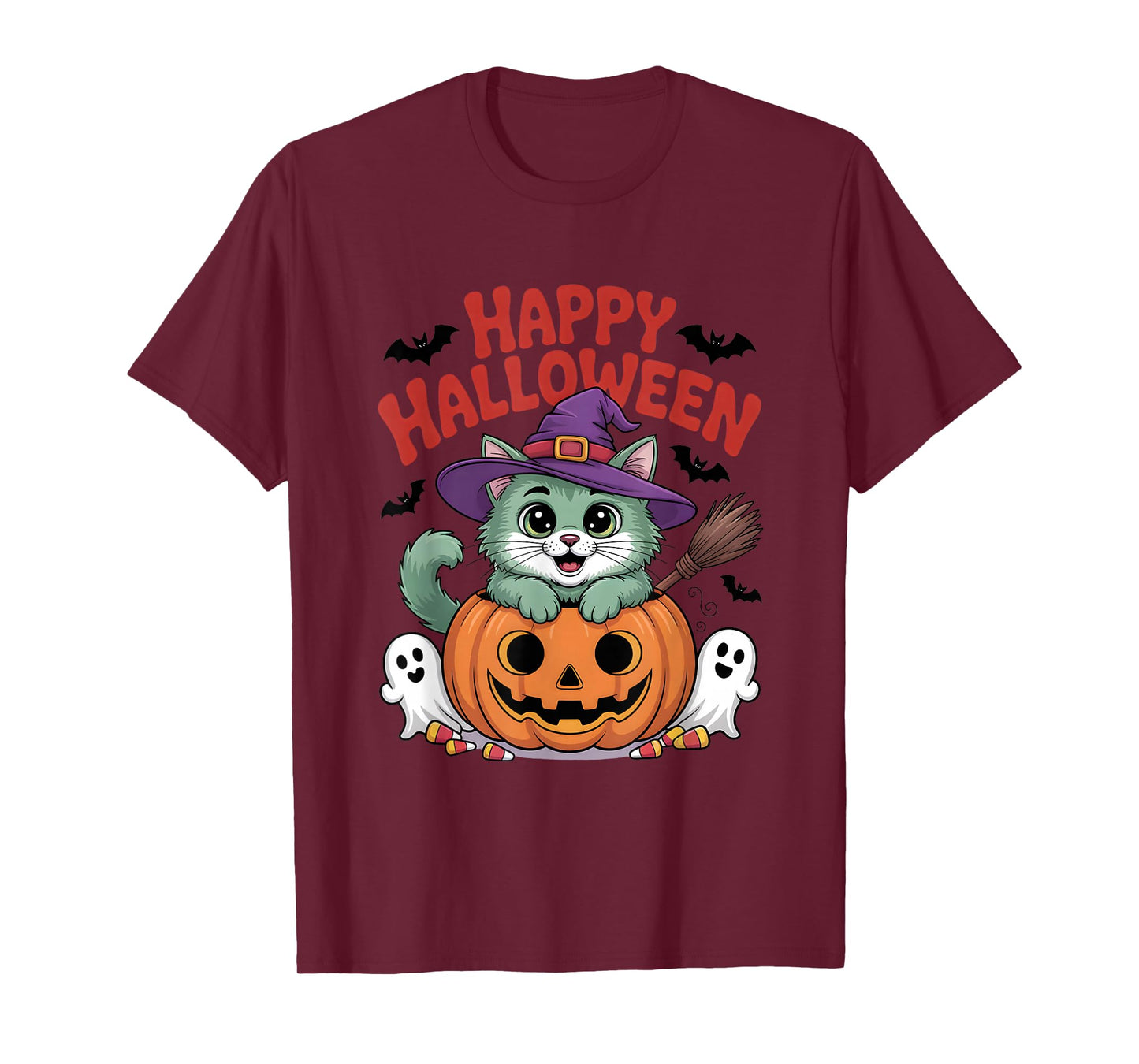 Cute Halloween Cat Witch Costume Pumpkin Ghost Candy Corn T-Shirt