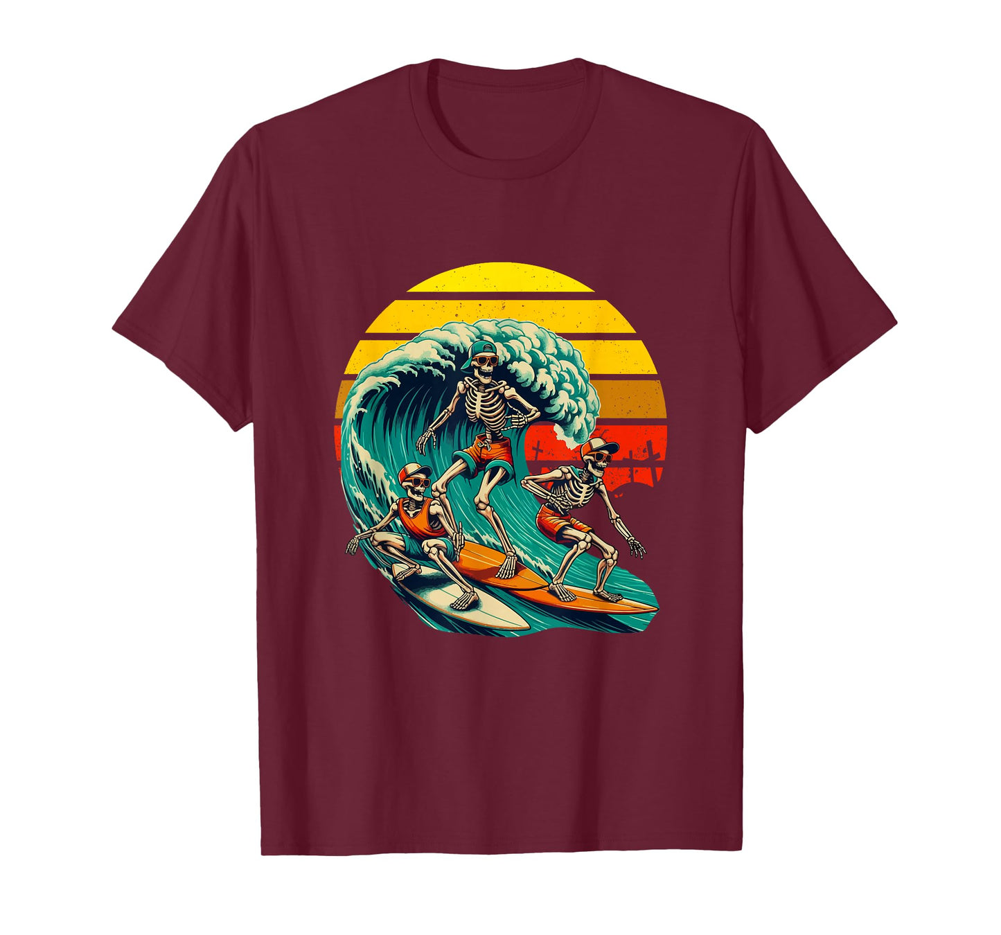 Vintage Retro Three Funny Skeletons Surfing Surfer Halloween T-Shirt