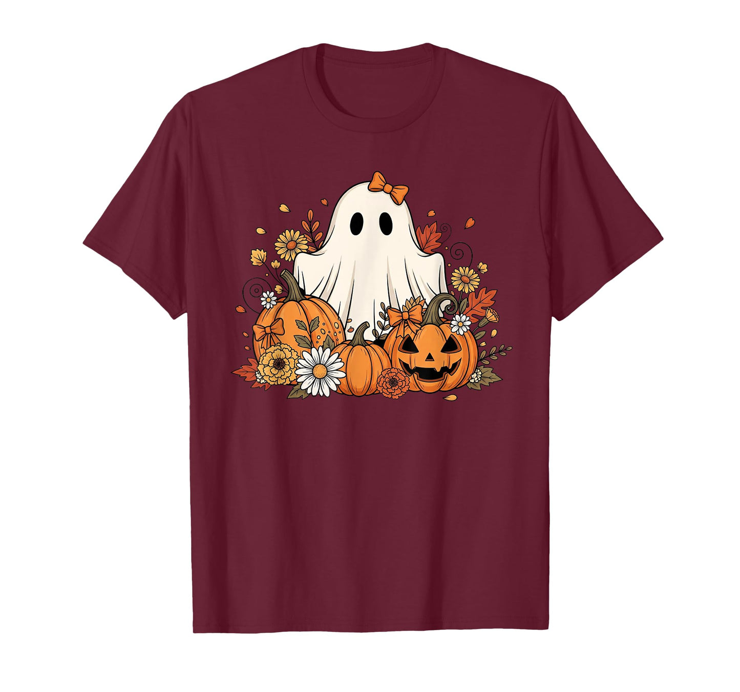 Cute Ghost With Flower Halloween Pumpkin Autumn Women T-Shirt