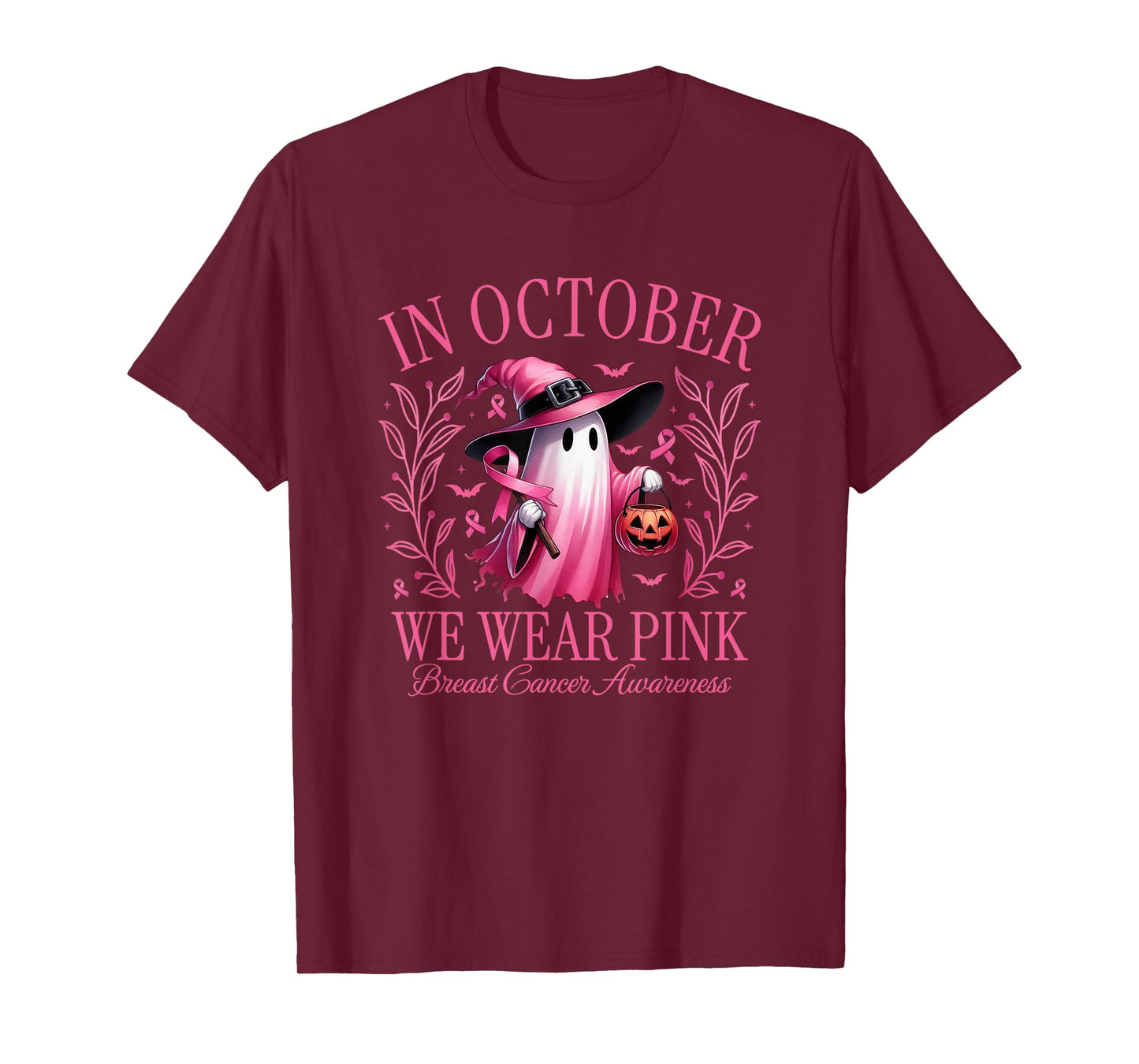 in October We Wear Pink Ghost Witch Halloween T-Shirt