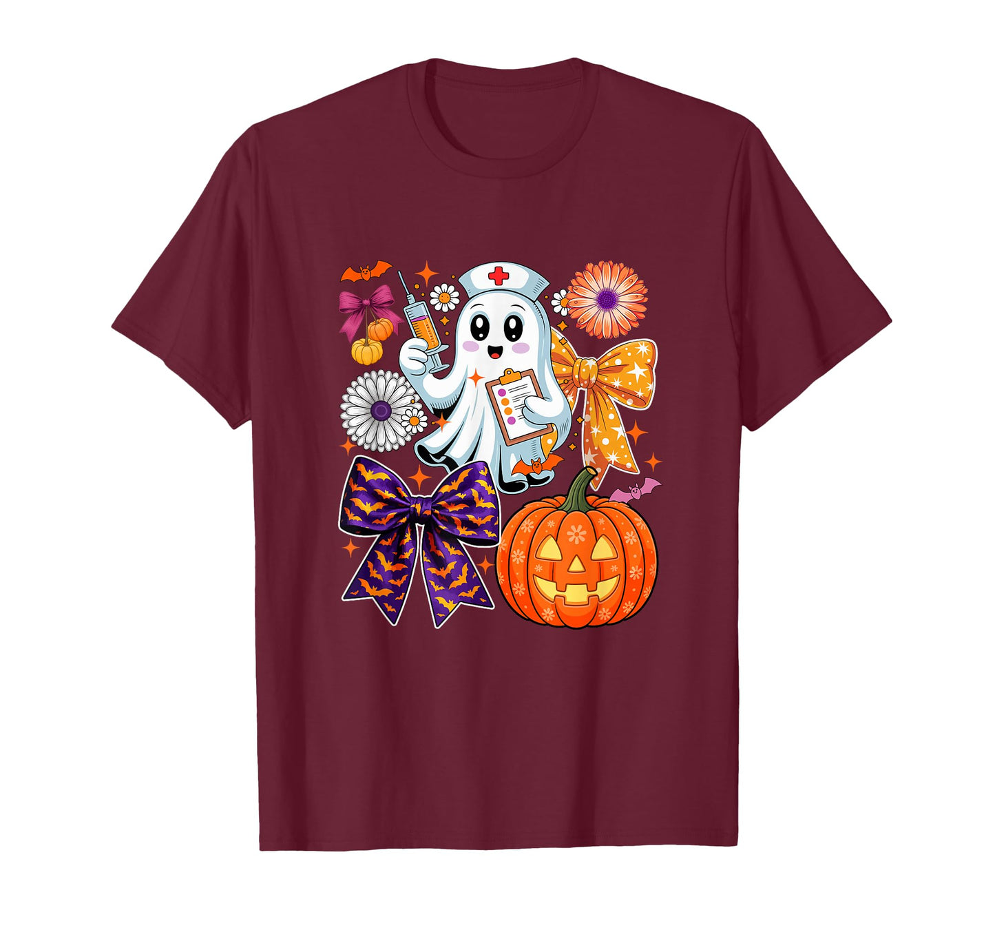 Halloween Boo Ghost As Nurse Colorful Bow Ties Flowers T-Shirt