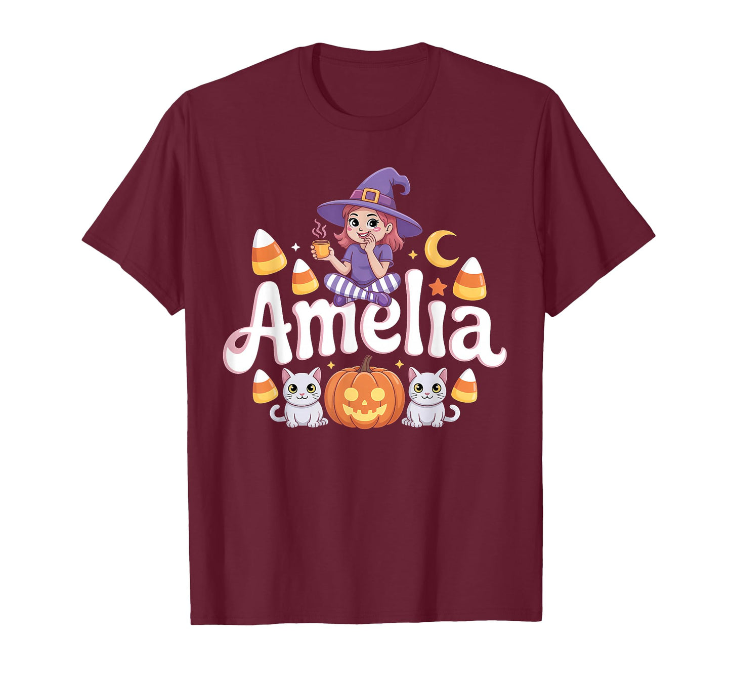 Amelia Witch Candy Corn Cat Halloween Women and Girls T-Shirt