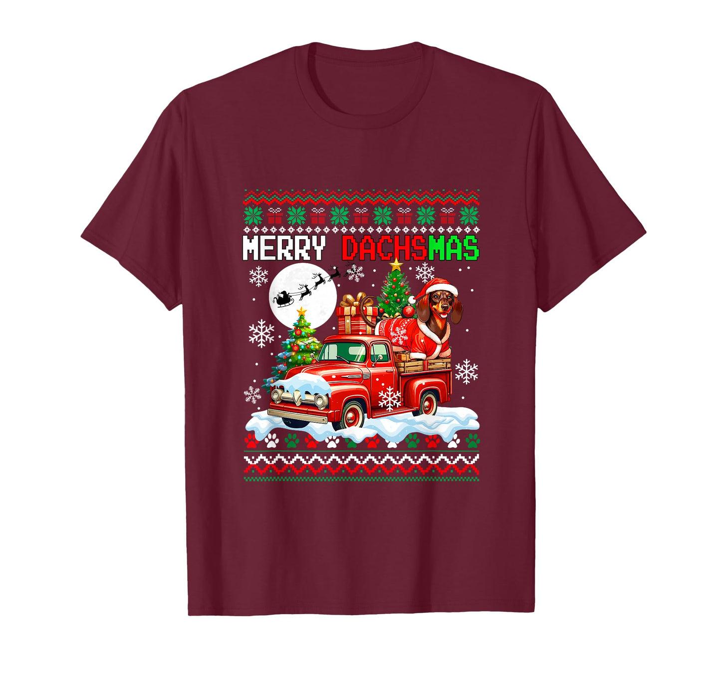 Merry Christmas Sweater Santa Dachshund On Pickup Truck T-Shirt