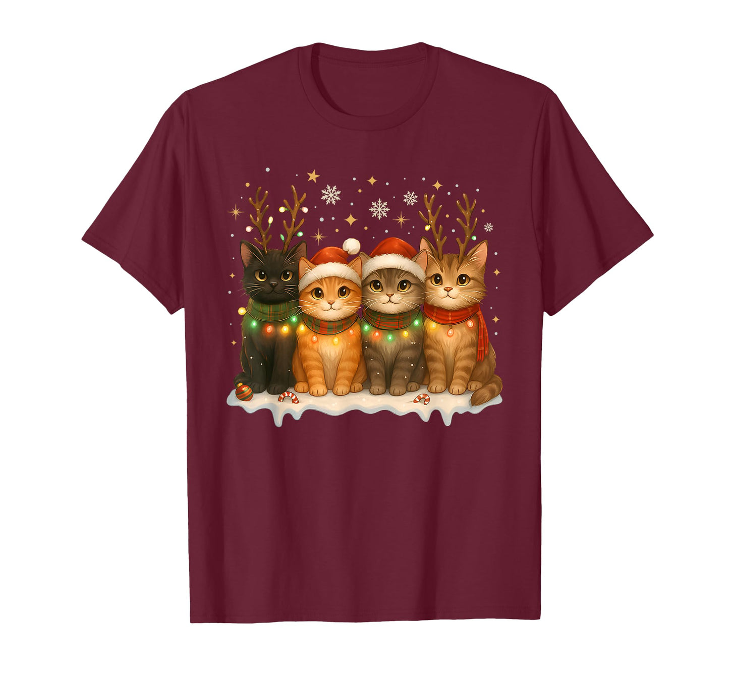 Cat Christmas Light Reindeer Santa Christmas Cat Lover T-Shirt