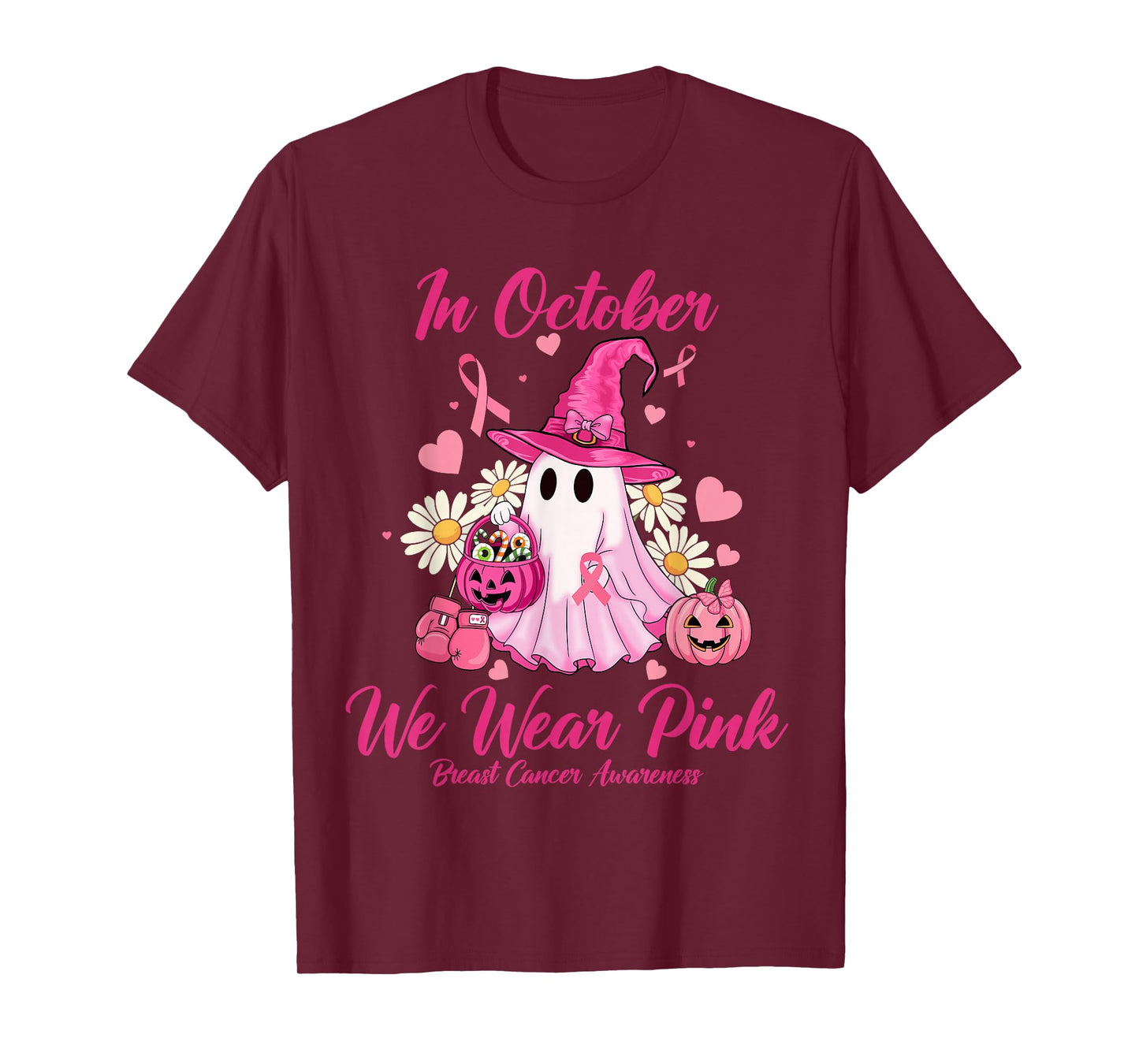 in October We Wear Pink Ghost Witch Breast Cancer Awareness T-Shirt