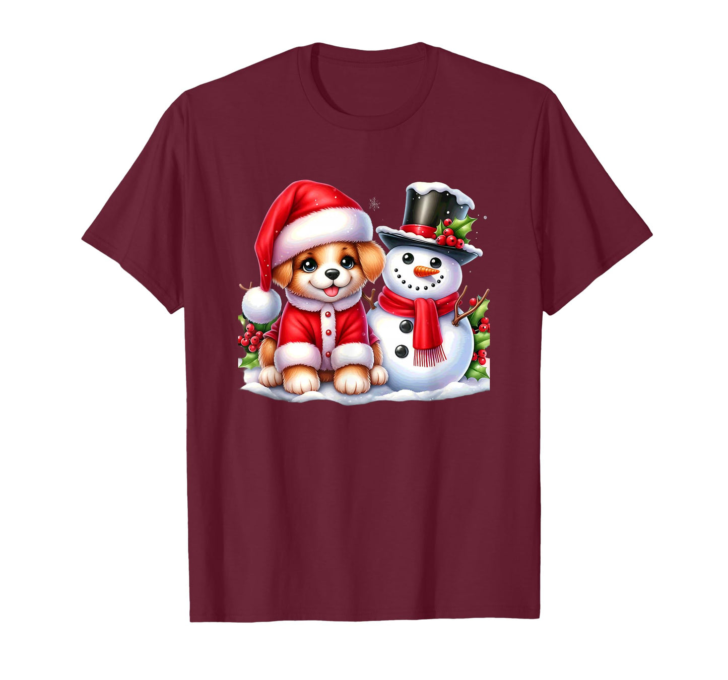 Merry Christmas Puppy and Snowman Joyful Holiday T-Shirt