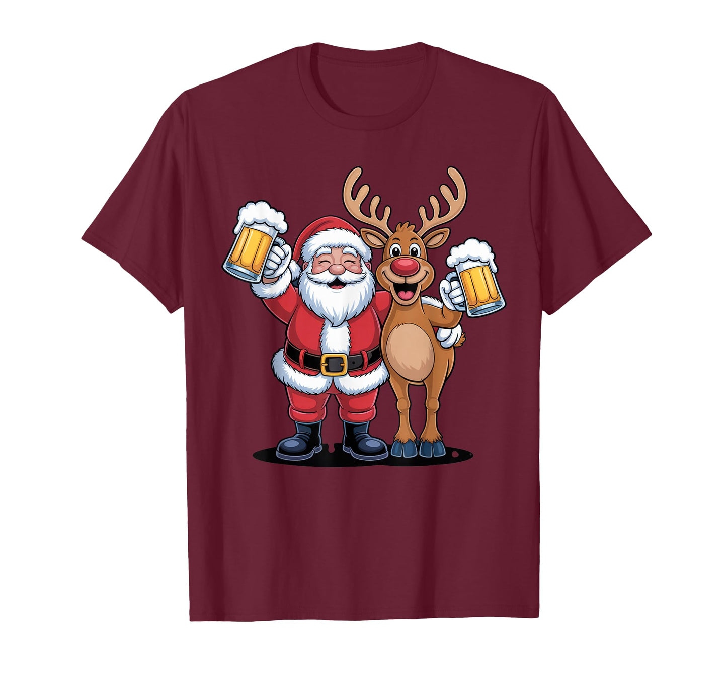 Santa and Reindeer Cheers for Christmas Fun Adult Holiday T-Shirt