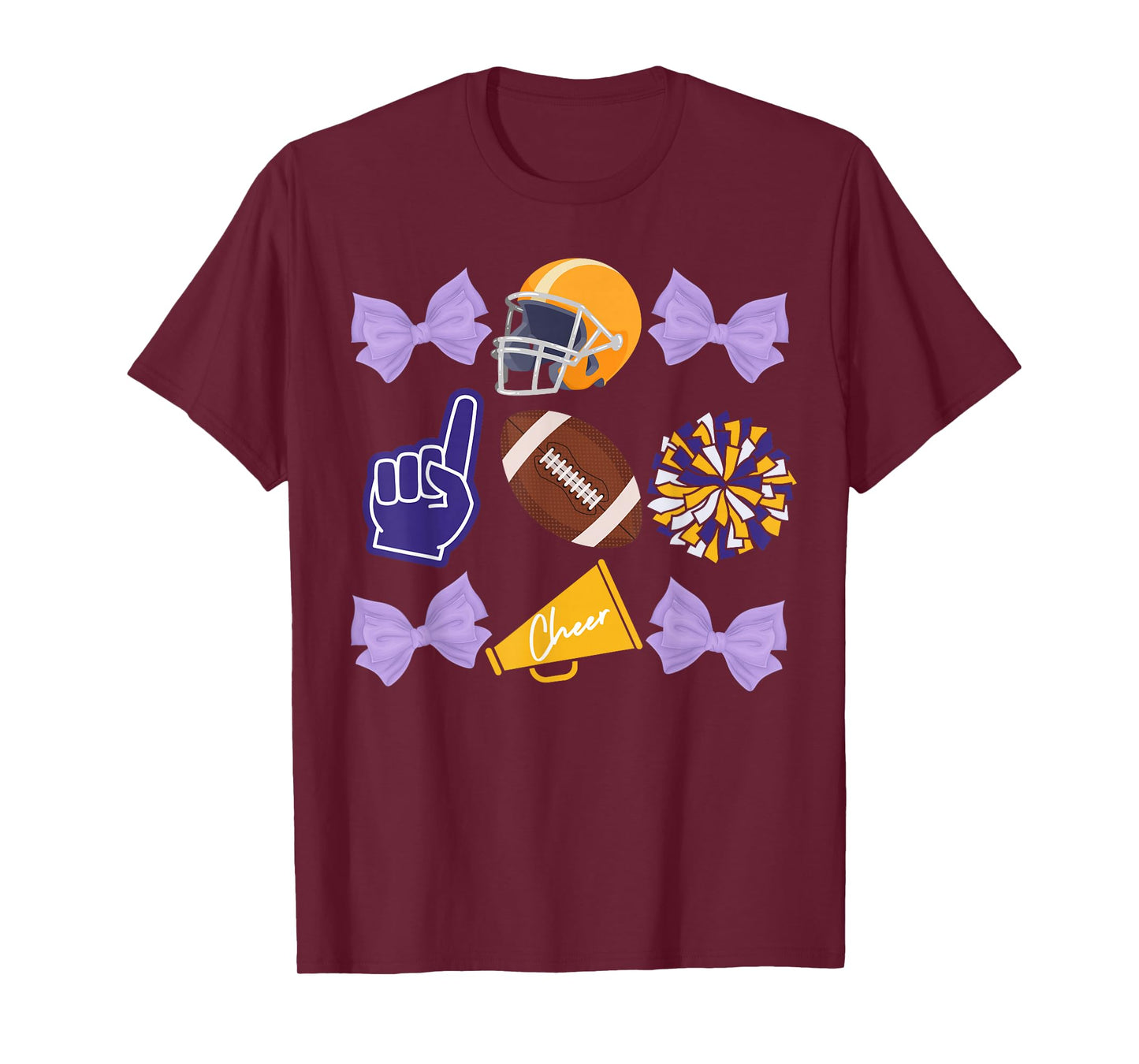Coquette Bow Football Purple Gold Game Cheer Mom Touchdown T-Shirt