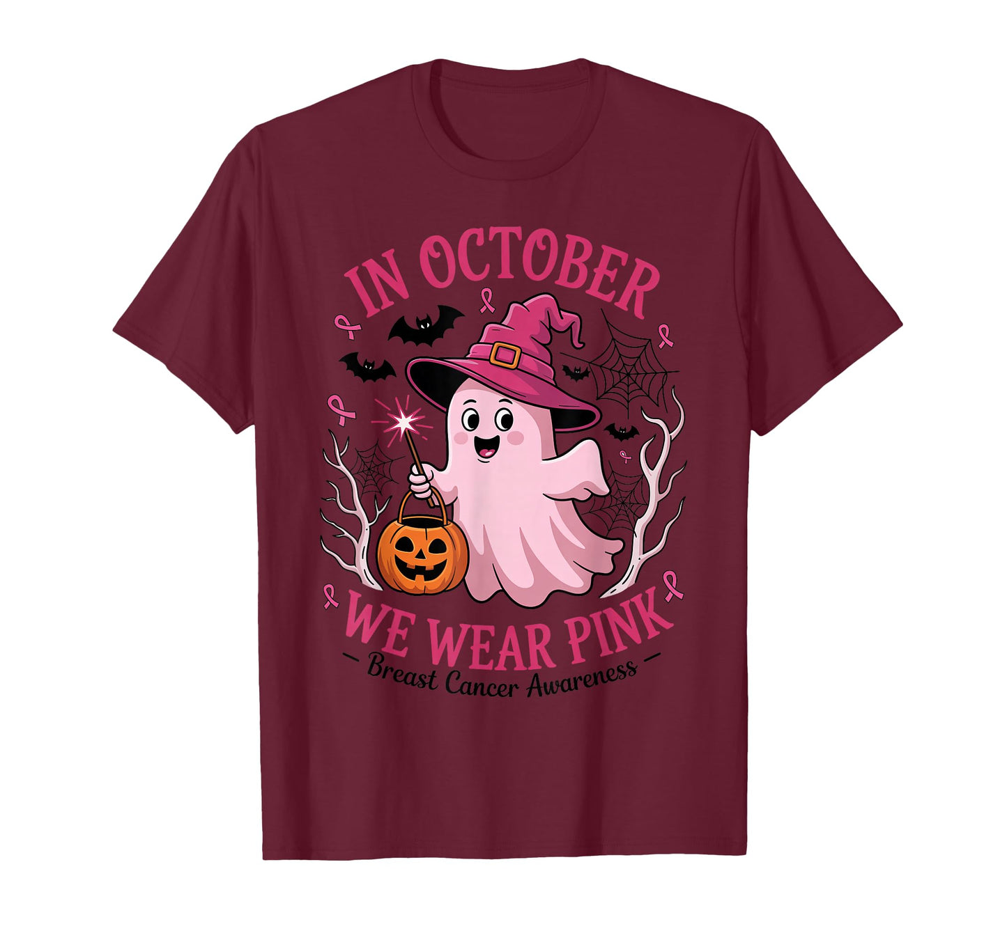 Ghost Witch Cute Pink Ribbon October Breast Cancer Awareness T-Shirt