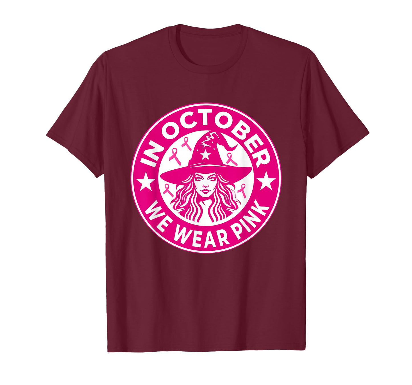 in October We Wear Pink Breast Cancer Awareness Salem Witch T-Shirt