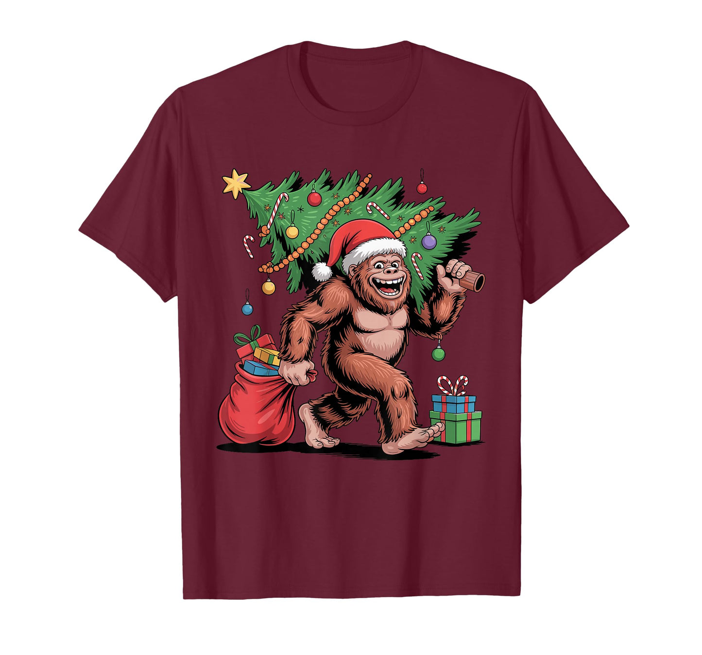 Santa Bigfoot Christmas Tree Funny Xmas Sasquatch Holiday T-Shirt