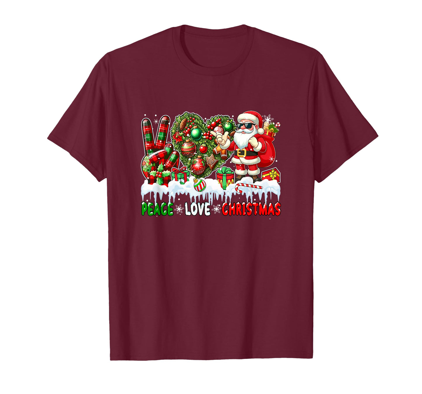 Peace Love Christmas Santa Sunglasses Heart Shape Floral T-Shirt