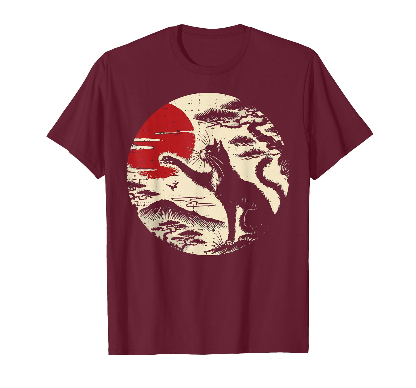 Japanese Cat Reaching Red Moon Vintage Art Men Women Kids T-Shirt