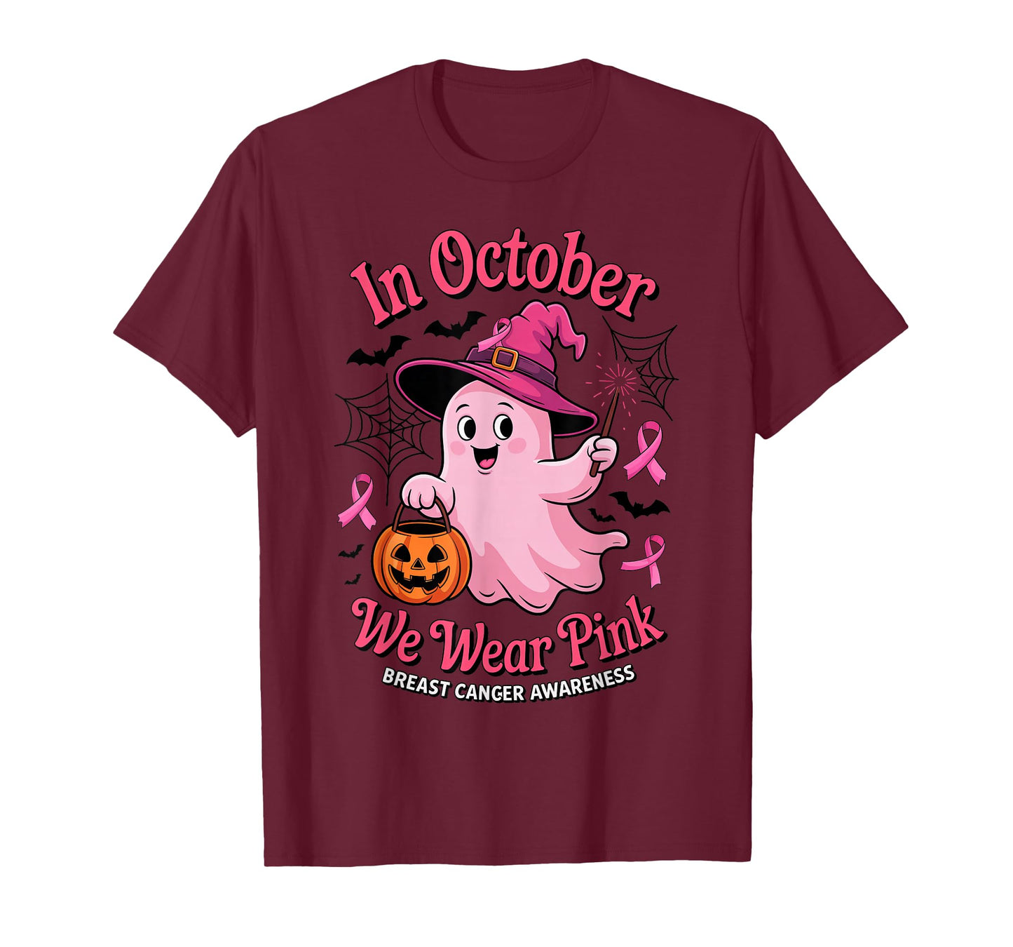 Breast Cancer Awareness in October We Wear Pink Ghost Witch T-Shirt