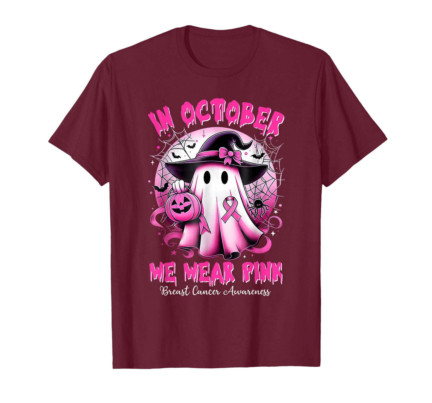 in October We Wear Pink Witch Ghost Breast Cancer Awareness T-Shirt