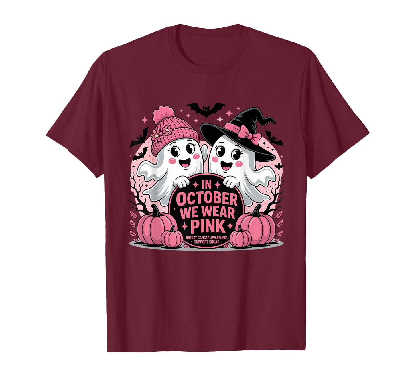 Support Squad We Wear Pink Ghost Witch October Breast Cancer T-Shirt