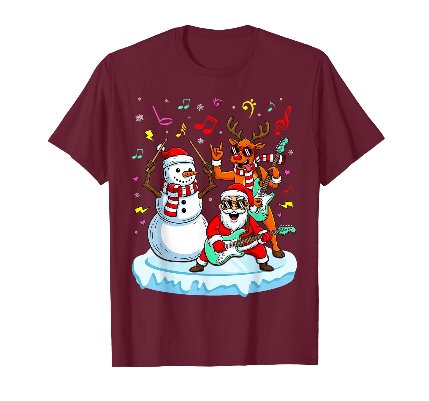 Guitar Player Santa Snowman Reindeer Christmas Pajama Music T-Shirt