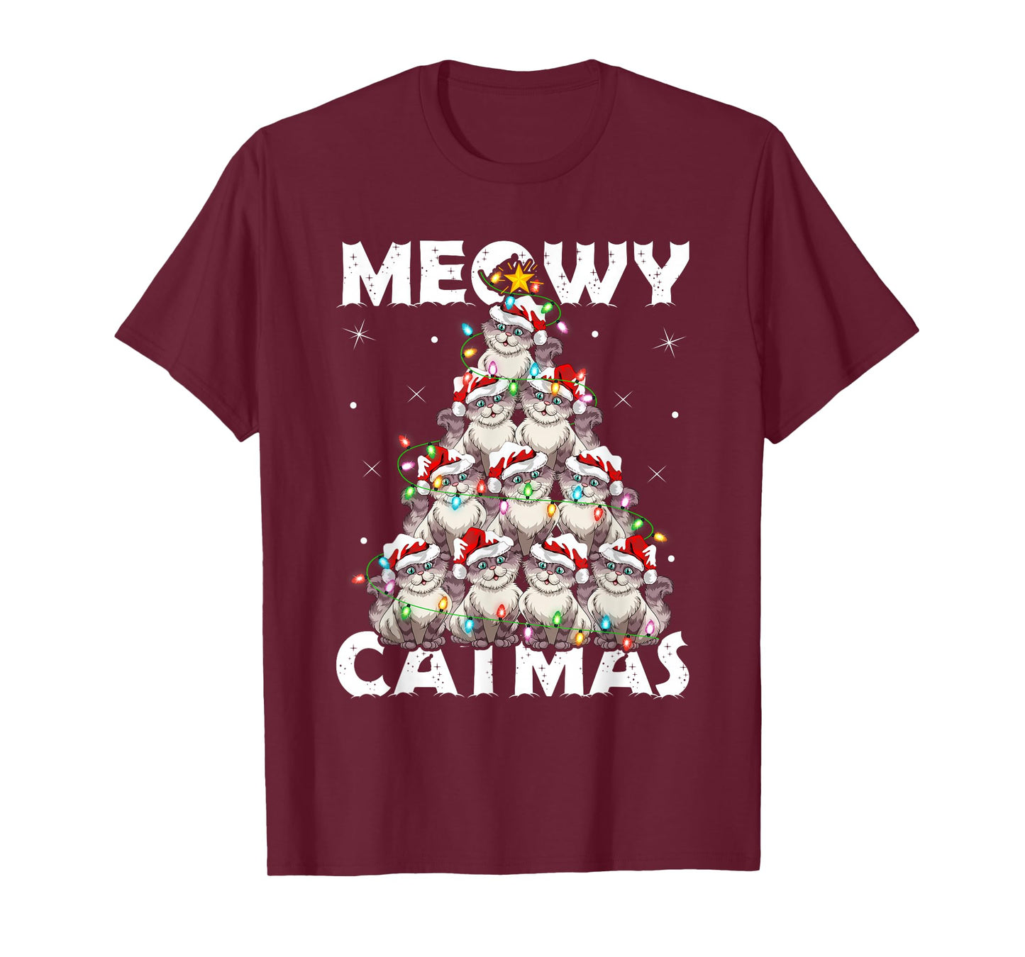 Cats Christmas Tree Lights Meowy Catmas Boys Girls Cat Xmas T-Shirt