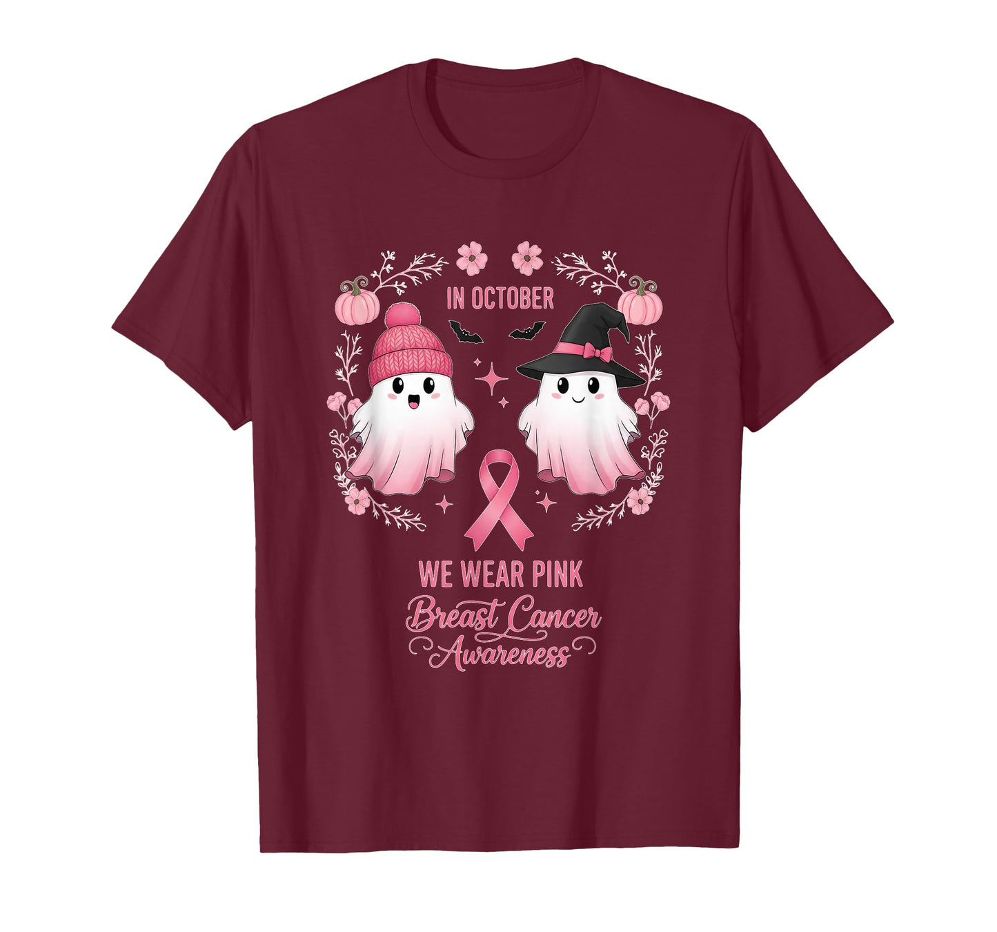 in October We Wear Pink Ghost Witch Breast Cancer Awareness T-Shirt
