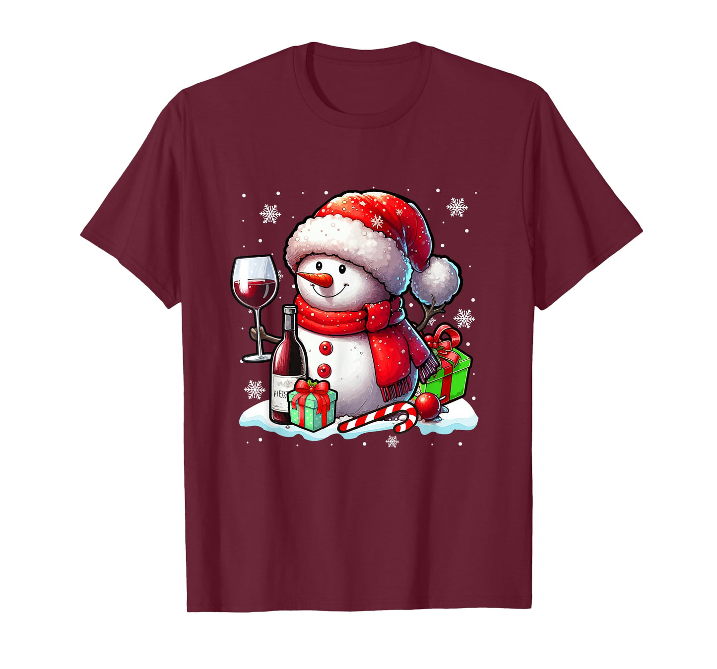 Santa Snowman Drinking Wine Christmas Funny Drinker Family T-Shirt
