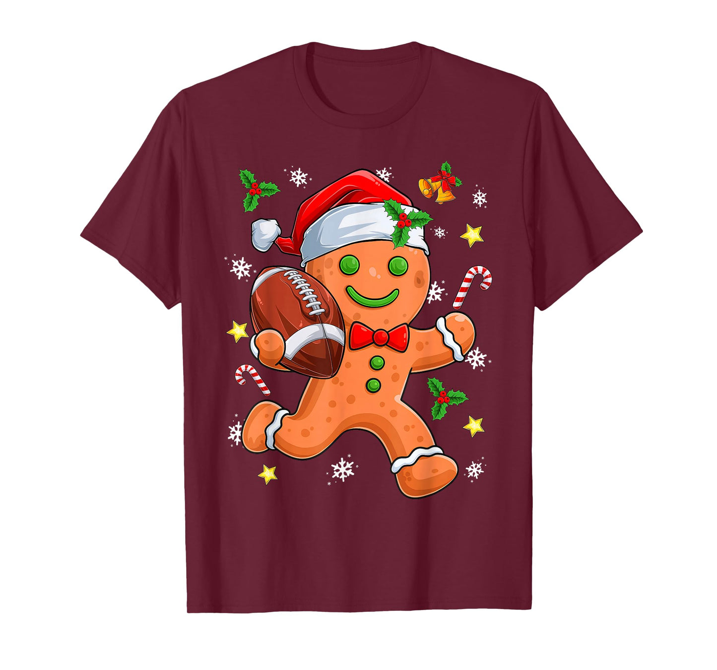 Gingerbread Cookie Playing Football Merry Christmas Boys Men T-Shirt