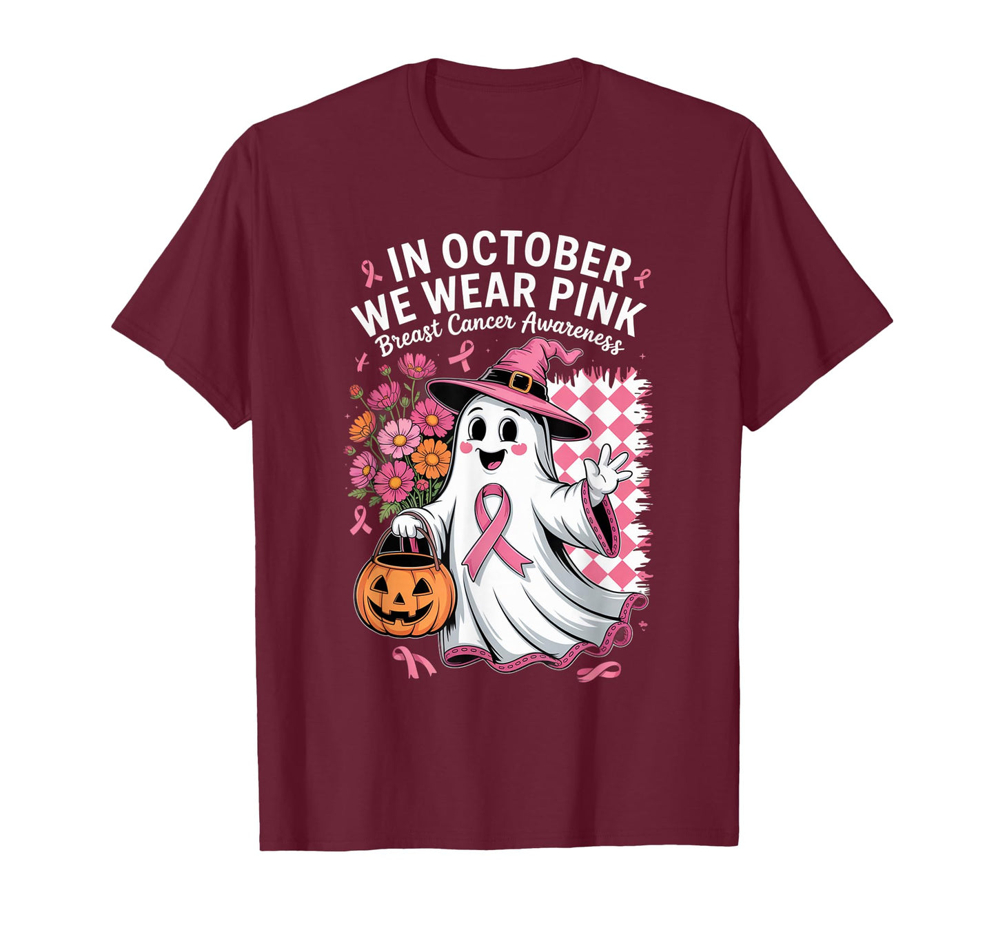 in October We Wear Pink Witchy Ghost Halloween Cool Artwork T-Shirt