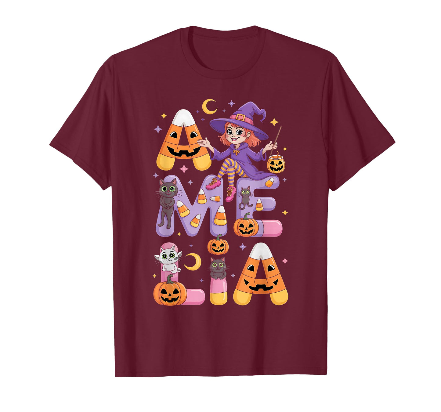 Amelia Witch Candy Corn Cat Halloween Women and Girls T-Shirt