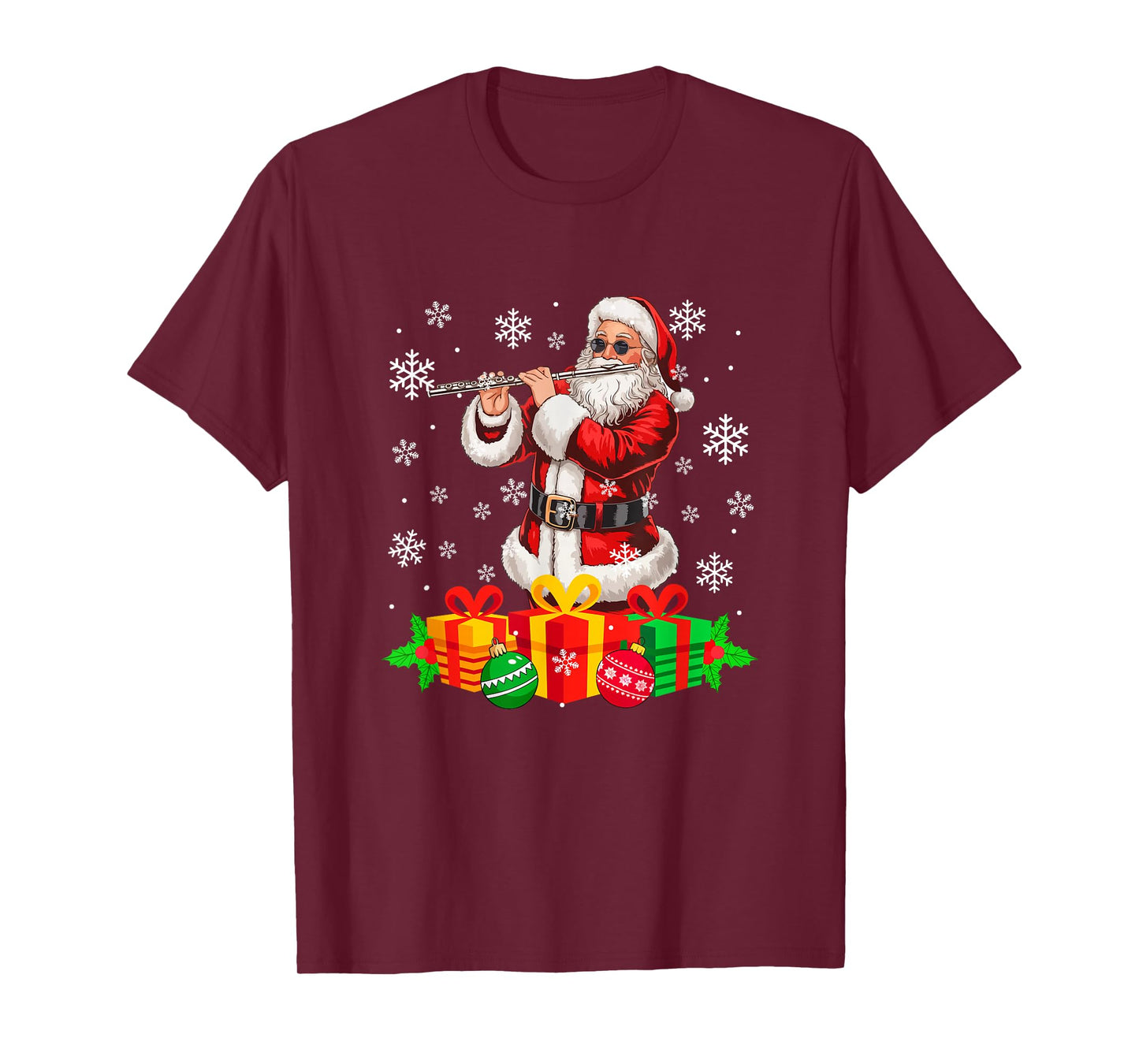 Santa Playing Flute Instrument Colorful Christmas Boxes T-Shirt