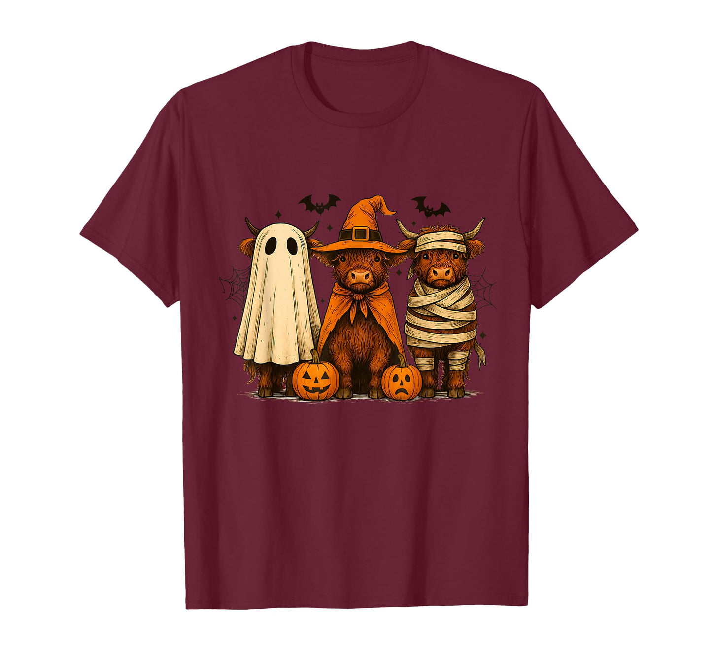 Retro Halloween Highland Cow Witch Spooky Pumpkin Women Men T-Shirt