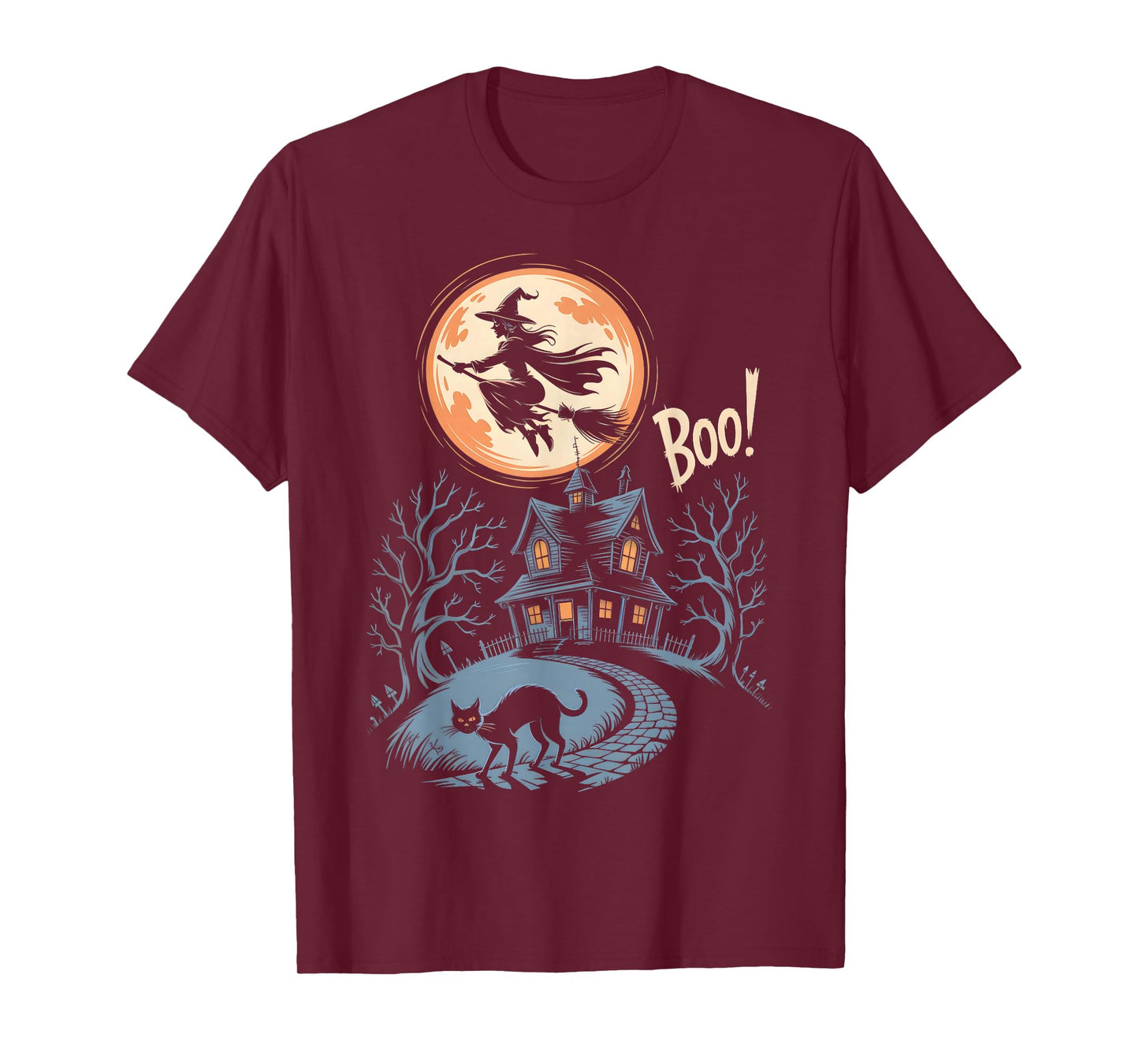 Witch Flying Over Haunted Spooky House Boo Halloween T-Shirt