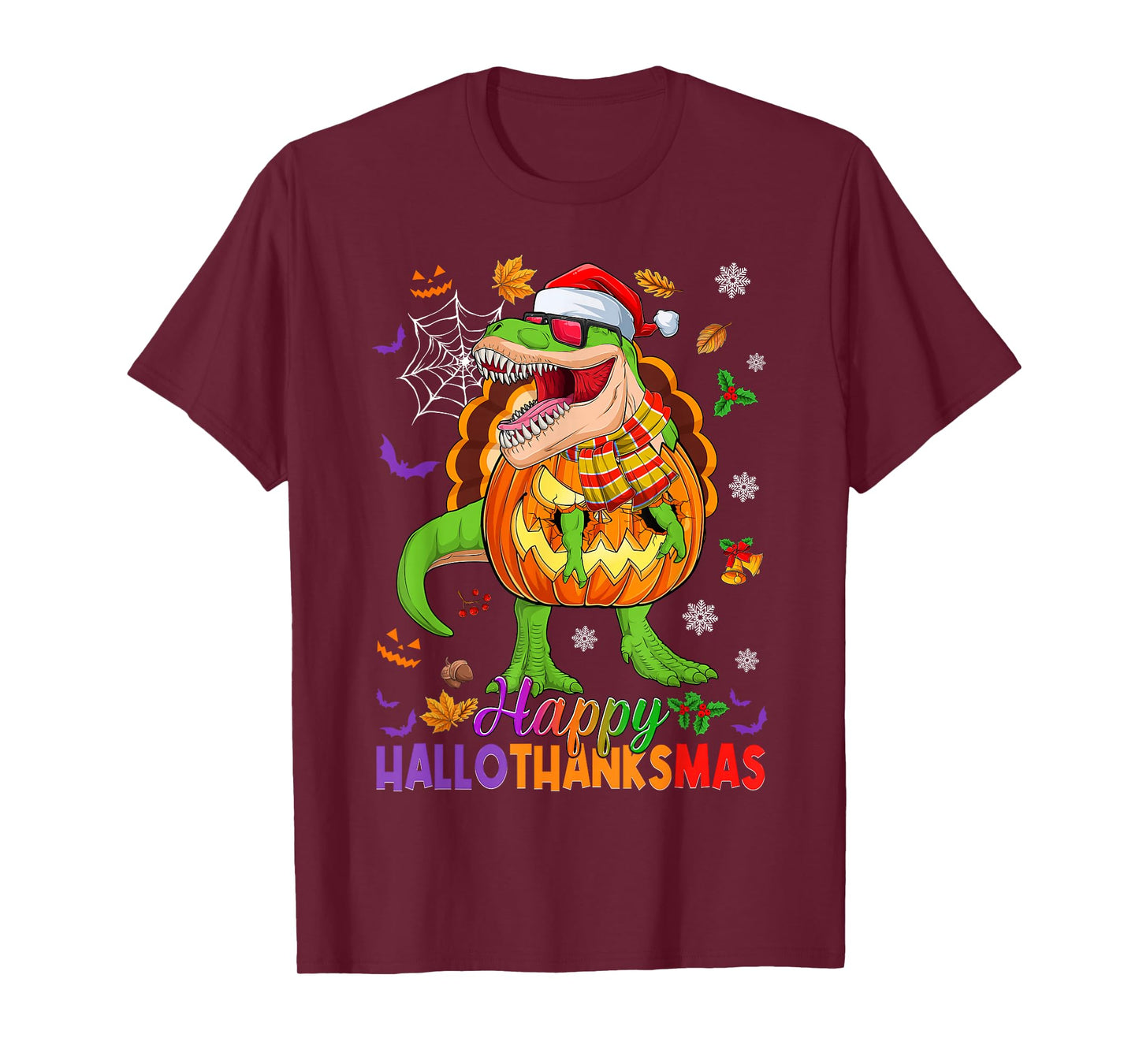 Happy Hallothanksmas T Rex Halloween Thanksgiving Christmas T-Shirt