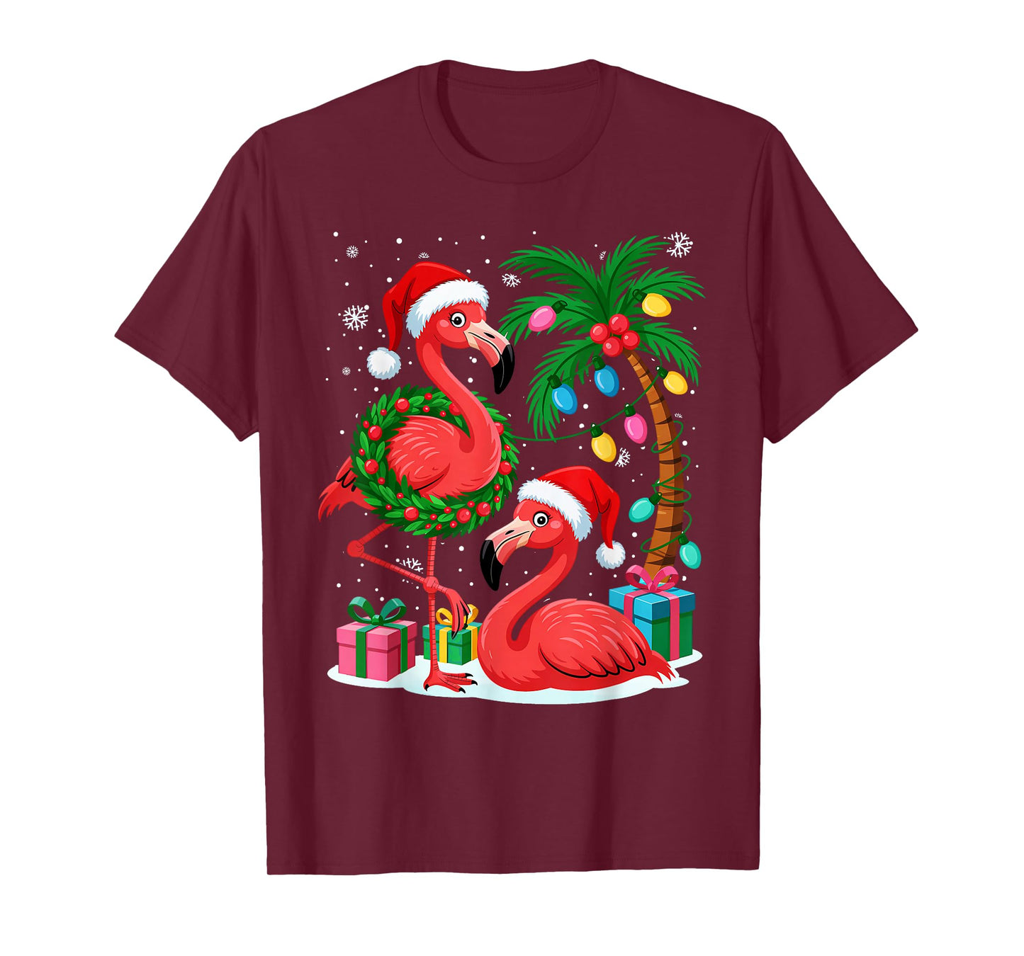 Christmas Flamingo Funny Santa by Sea Palm Tree Lights T-Shirt