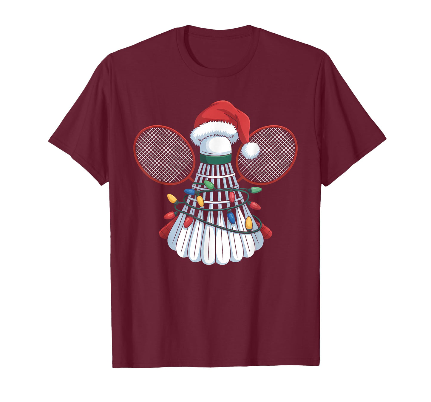 Funny Christmas Badminton Santa Hat Xmas Lights Holiday T-Shirt