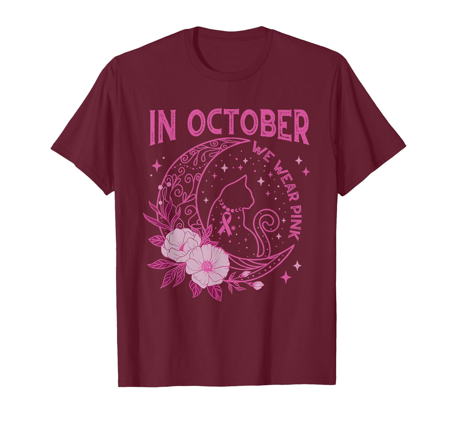 In October We Wear Pink Flower Cat Moon Graphic Tee Women T-Shirt