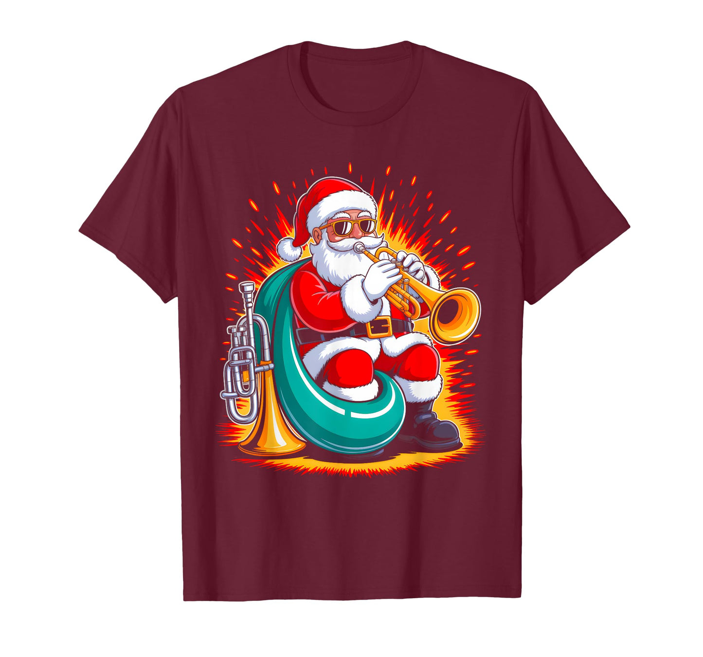 Tumpet Santa Playing Drums Funny Christmas Music Lover Boys T-Shirt