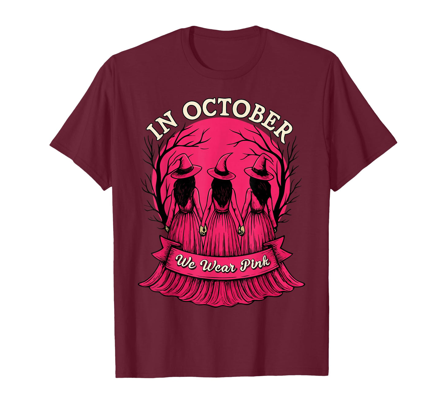 in October We Wear Pink Witch Halloween Breast Cancer Women T-Shirt