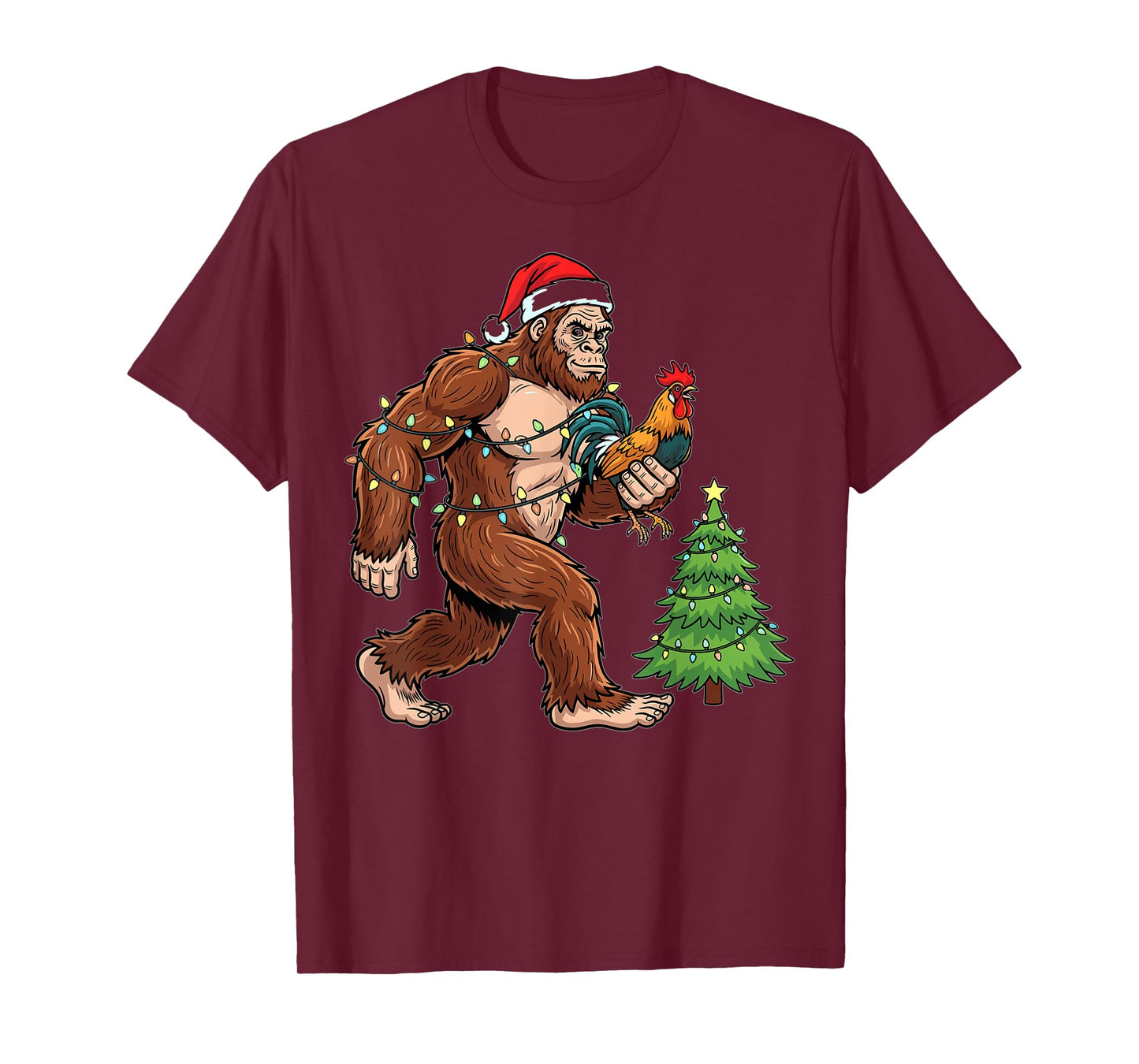 Christmas Bigfoot Santa Hat Chicken Holiday Lights T-Shirt
