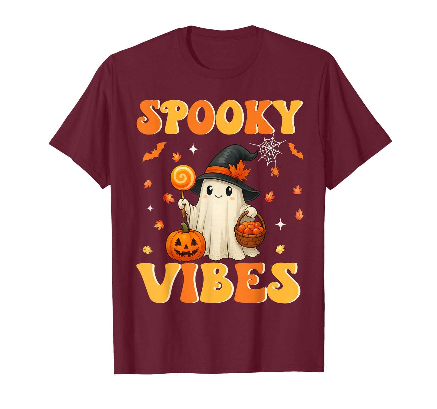 Retro Groovy Spooky Vibes Ghost Holding Pumpkin Halloween T-Shirt