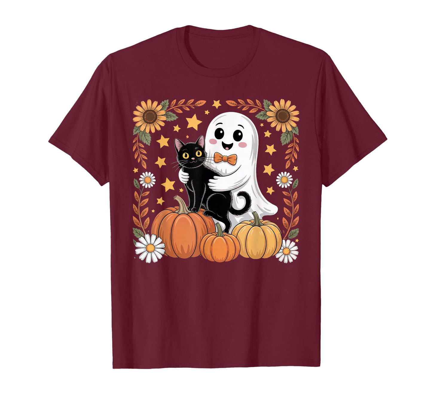 Womens Halloween Ghost Black Cat Ghost Halloween Girls T-Shirt