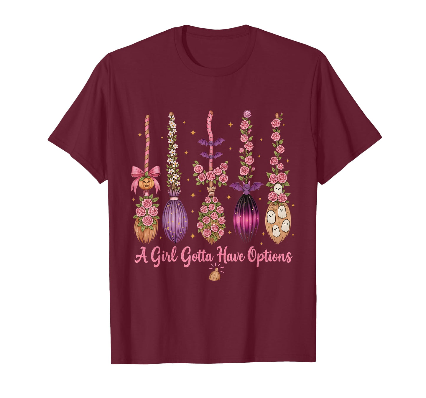Cute Witch Broom Variety Halloween Floral Funny Graphic T-Shirt
