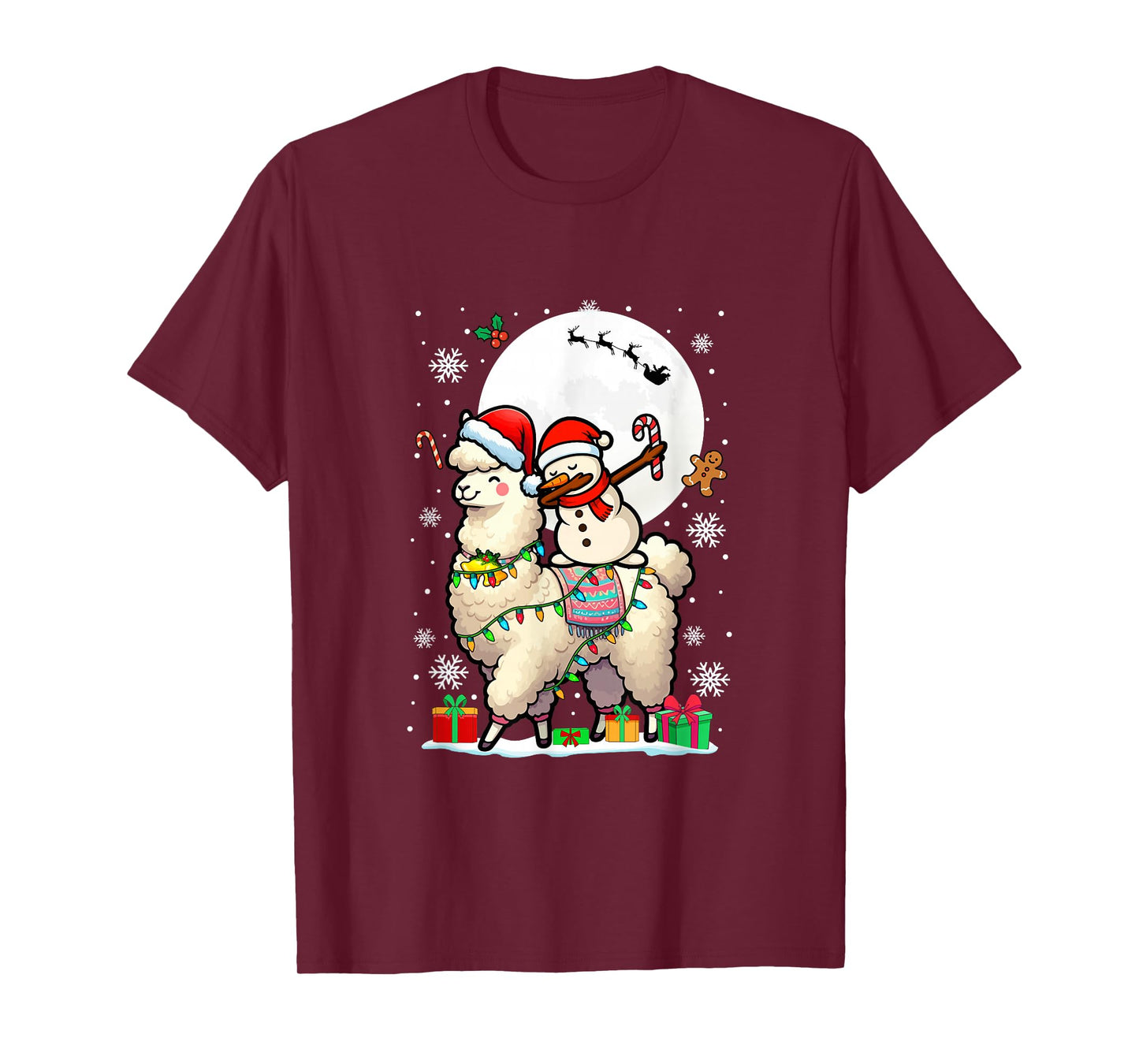Dabbing Snowman On Llama Christmas Santa Colorful Lights T-Shirt
