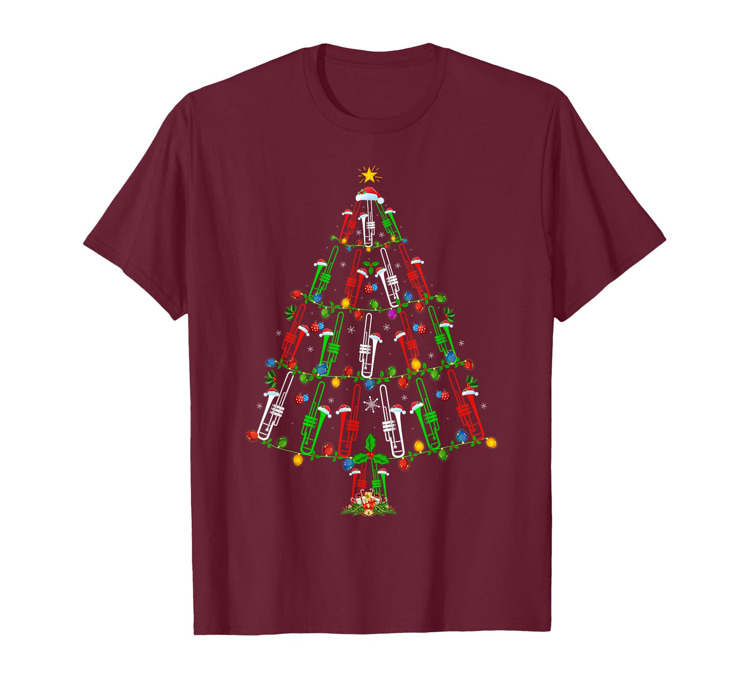 Trombone Christmas Tree Lights Music Lover Musical Xmas T-Shirt