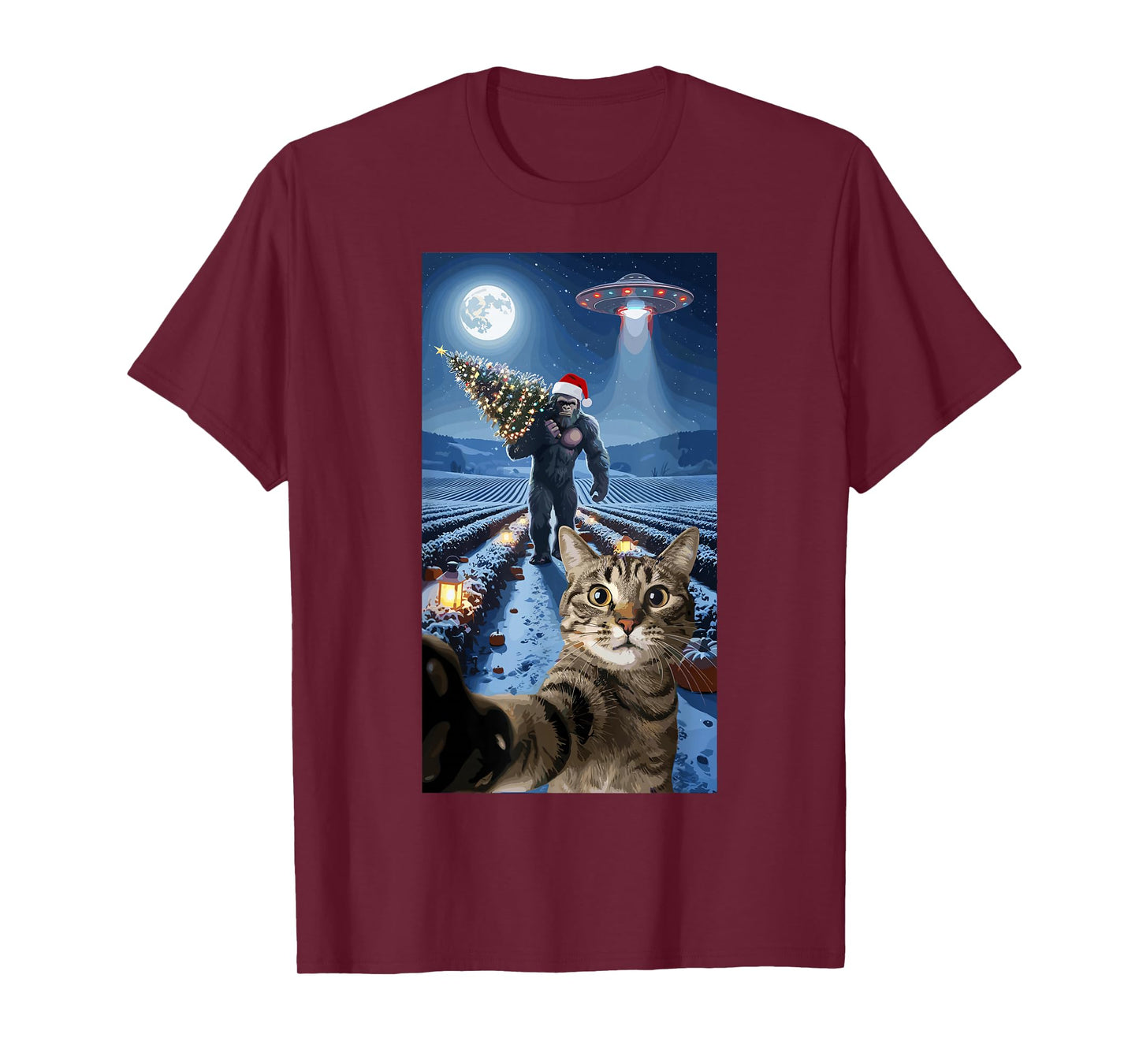Christmas Bigfoot Cat Selfie UFO Holiday Scene T-Shirt